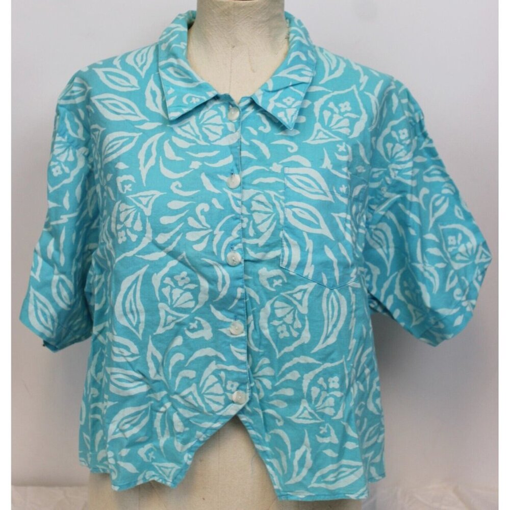 VTG 80s Lemon Clothing Co Shirt Collar Button Blue Tropical Beach Flower sz Lg